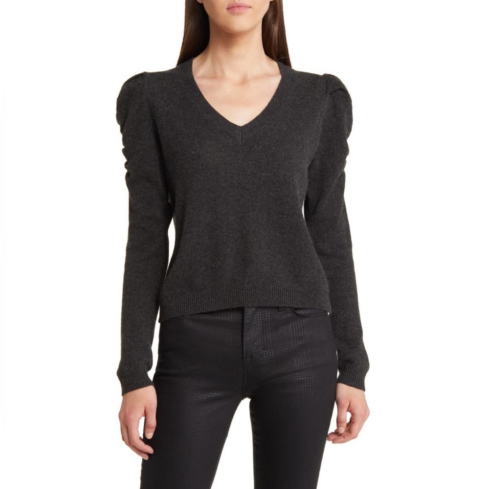 NWT💕FRAME Ruched Sleeve Cashmere Sweater in Charcoal Heather Size S